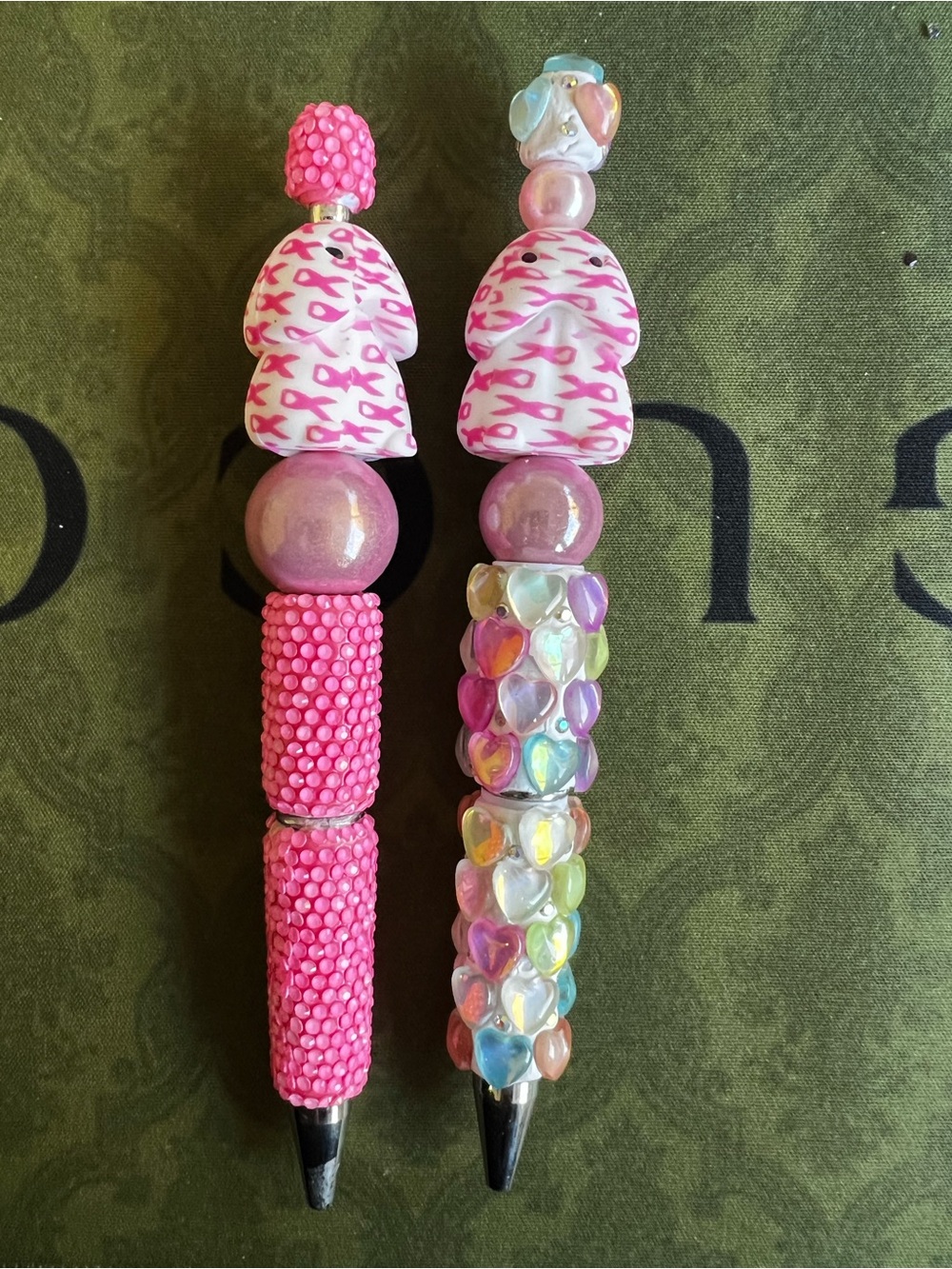 2x pens Pink ribbon Heart & Bead Pens - novelty cancer awareness